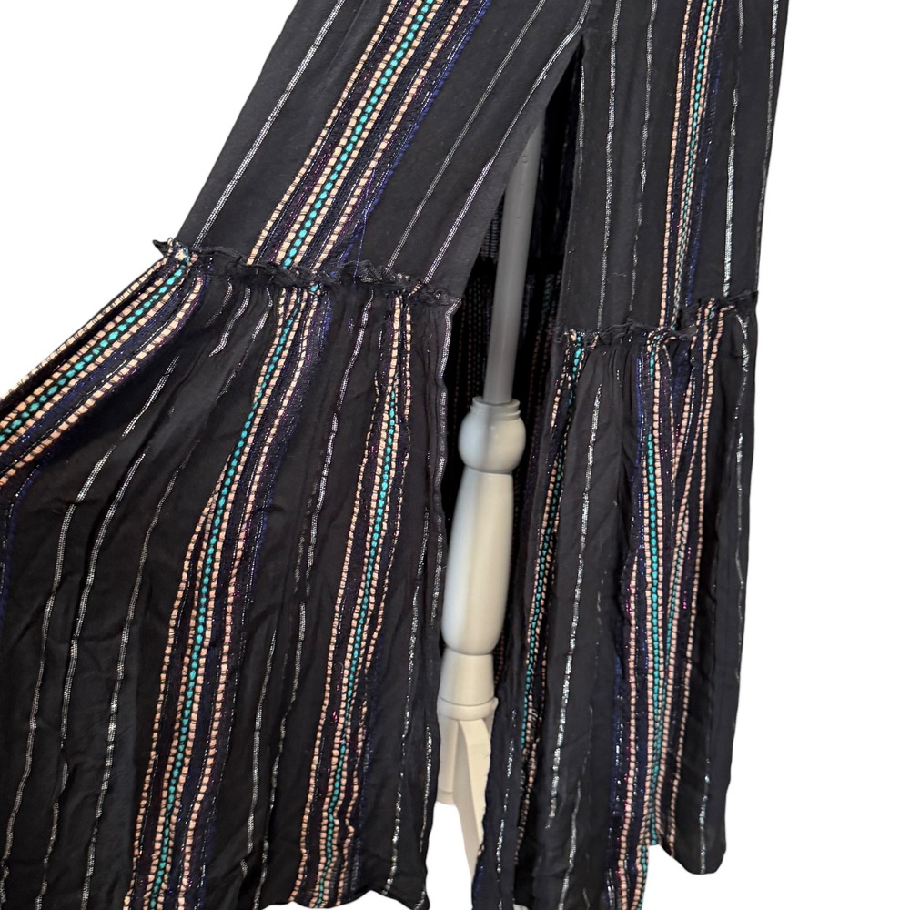 Elan Black Metallic Striped Boho Maxi Dress Small V-Neck Tiered Ruffle CTS5750 - Picture 5 of 9